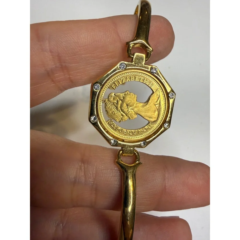 Queen Elizabeth II 1976 Coin Bangle Gold Tone Rhinestone Octagon Bracelet